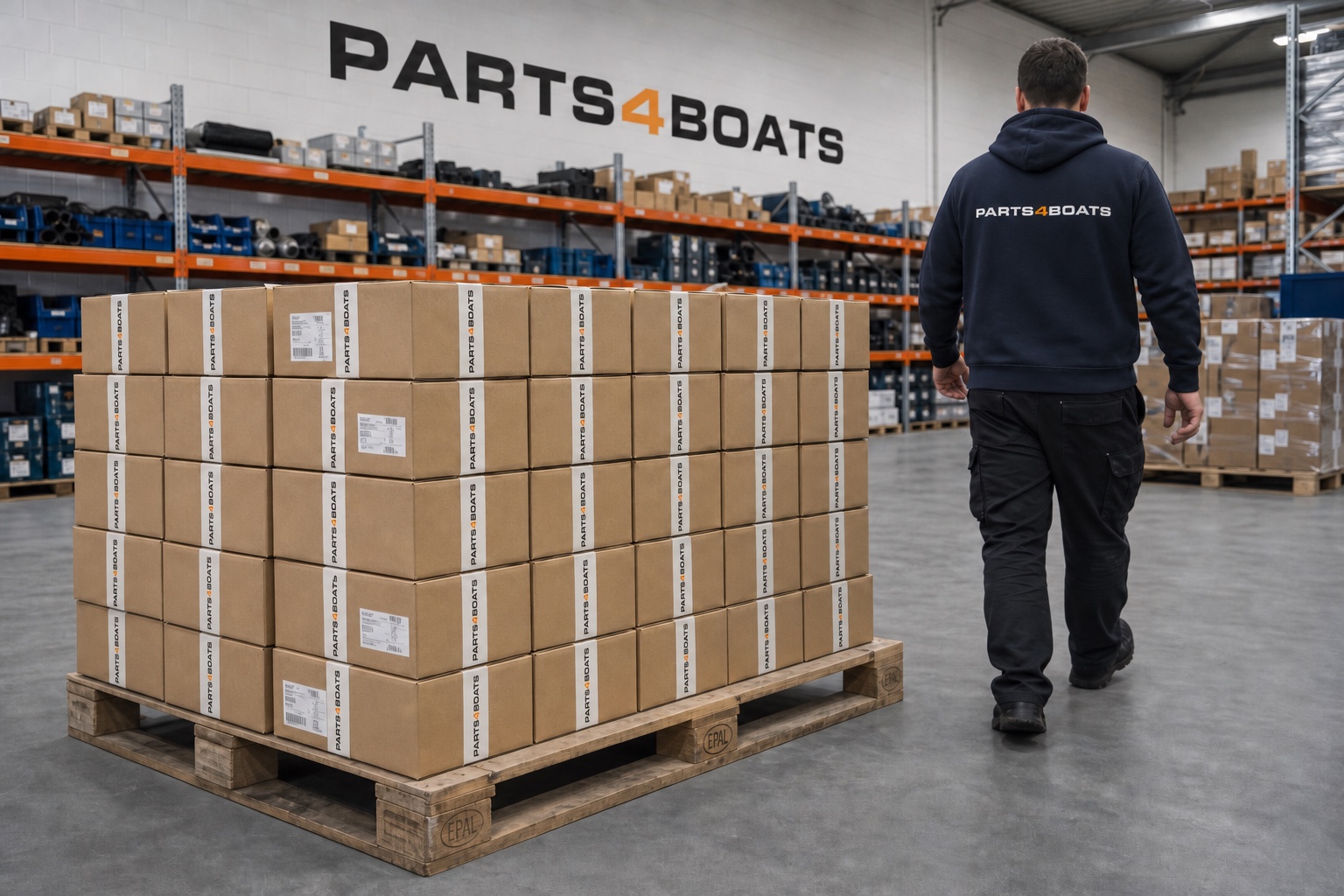 Versandfertige Pakete im Parts4Boats-Lager